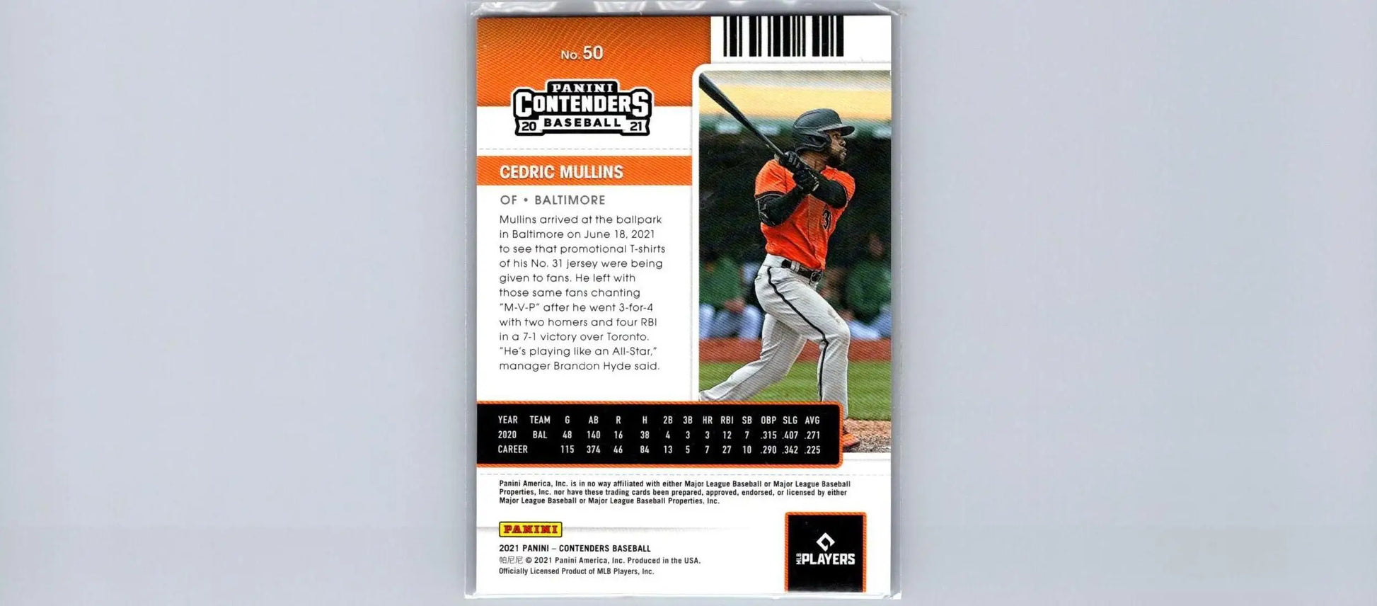 2021 Panini Contenders #50 Cedric Mullins Optic baseball card for collectors
