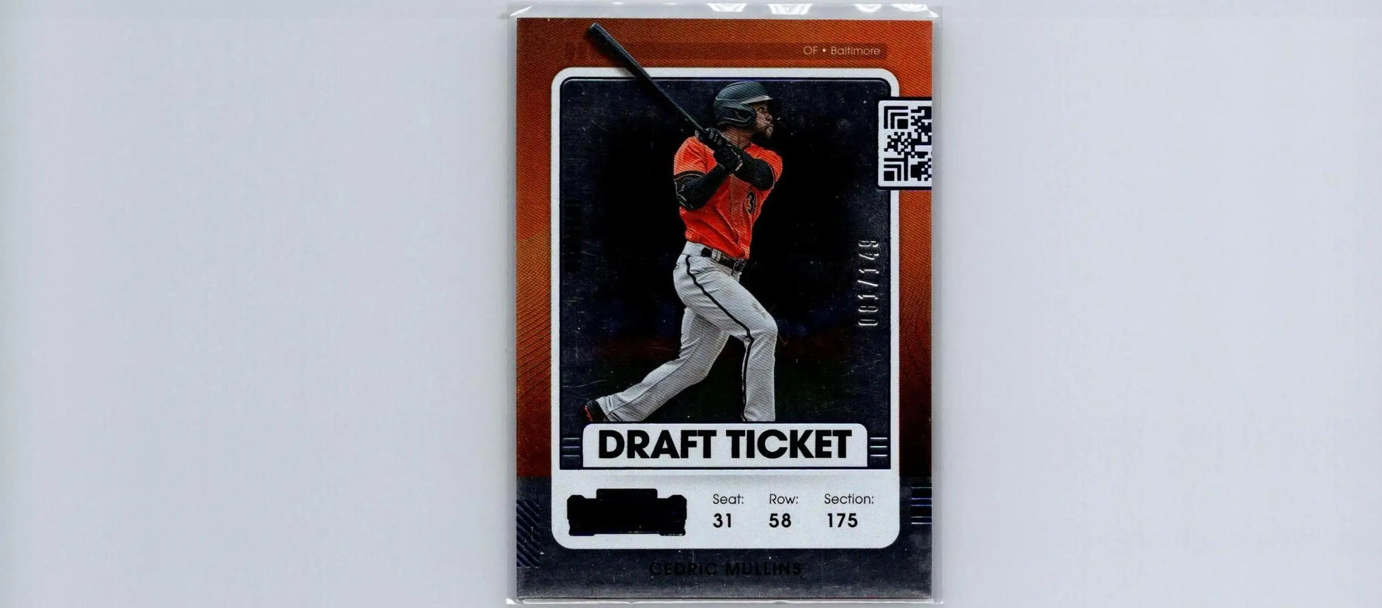 Baseball draft ticket card featuring Cedric Mullins from 2021 Panini Contenders Optic