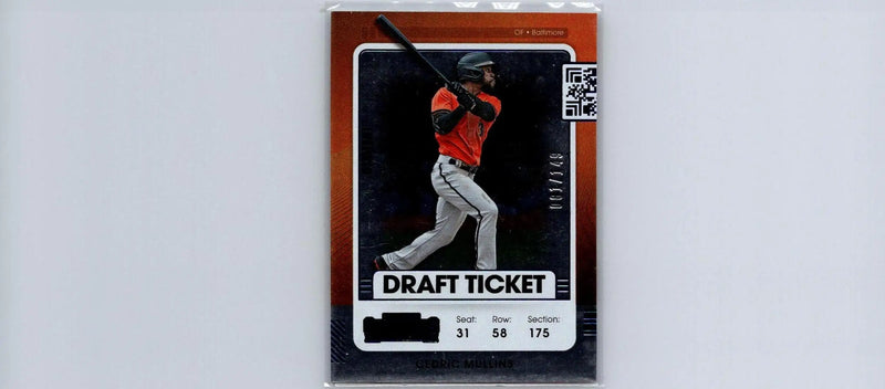Baseball draft ticket card featuring Cedric Mullins from 2021 Panini Contenders Optic