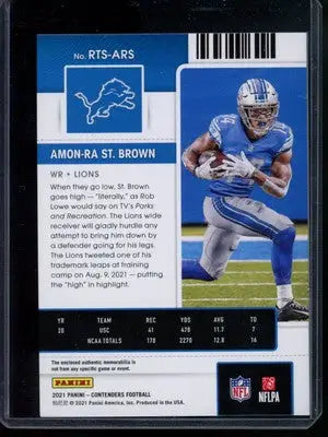 2021 Panini Contenders Amon-Ra St. Brown #RTS-ARS Patch Green RC Rookie Ticket - Football Card Single