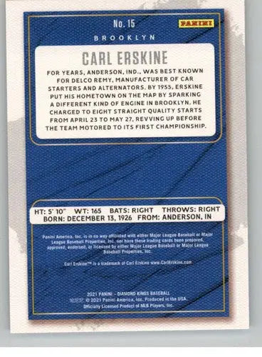 Baseball card back featuring original gloss from Panini Diamond Kings 2021 Simply Sandoval Carl Erskine Dodgers