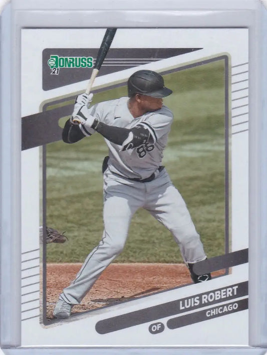Baseball card of Luis Robert Chicago White Sox in batting stance from Panini Donruss