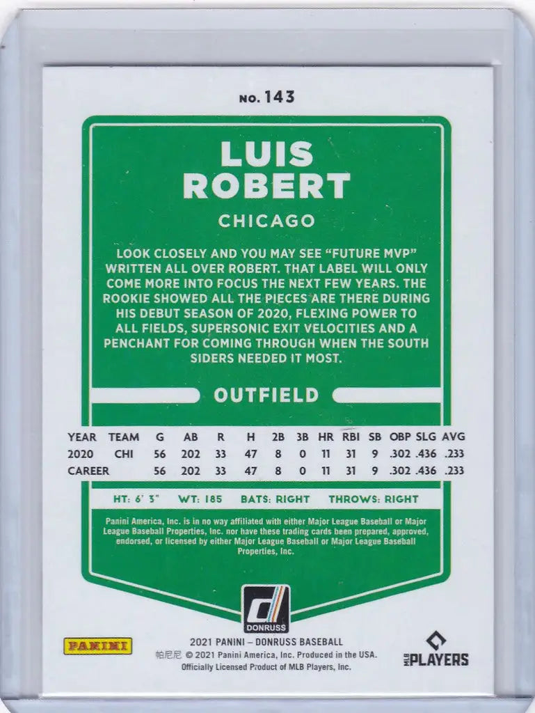 Luis Robert Chicago White Sox baseball card from 2021 Panini Donruss featuring stats