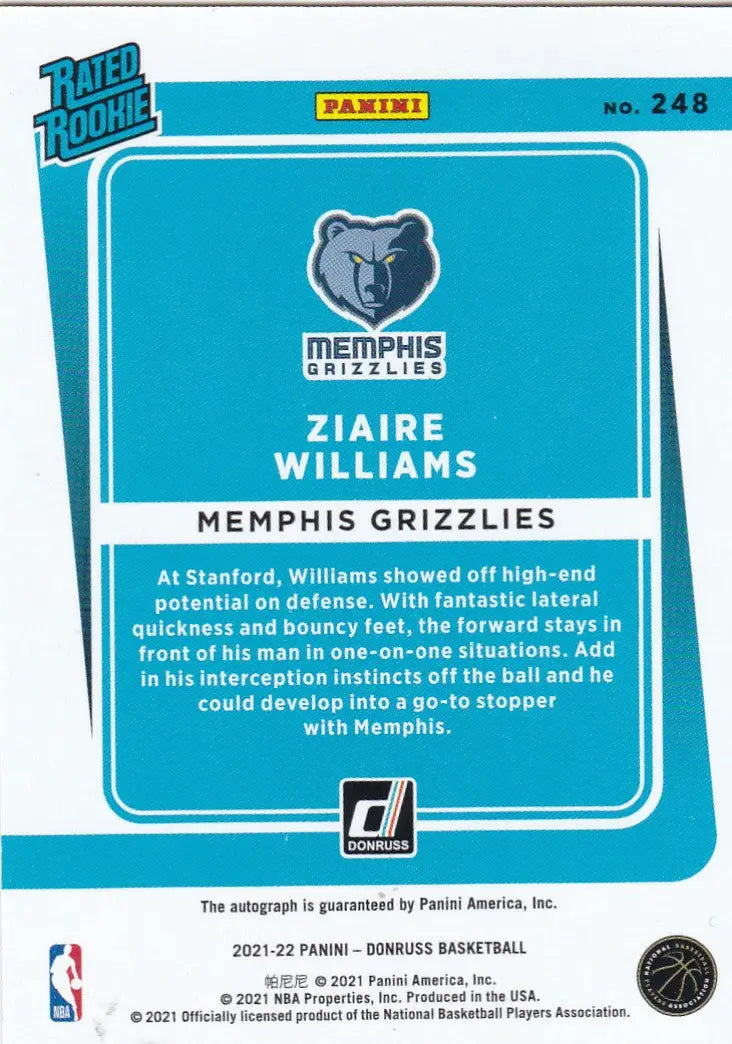2021 PANINI DONRUSS #248 ZIAIRE WILLIAMS AUTO- MEMPHIS GRIZZLIES - Basketball Card Single
