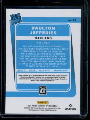 2021 Panini Donruss Optic Daulton Jefferies #69 Rated Rookie Baseball - Baseball Card Single