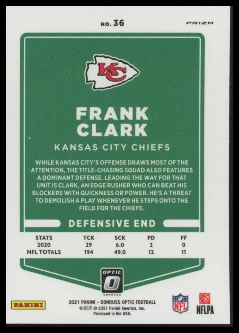 2021 Panini Donruss Optic Holo Frank Clark #36 Kansas City Chiefs Football Card
