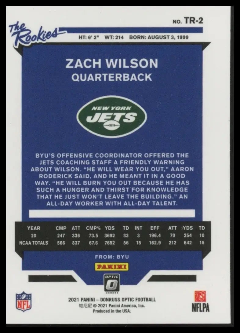 2021 Panini Donruss Optic The Rookies Zach Wilson #TR-2 New York Jets Football