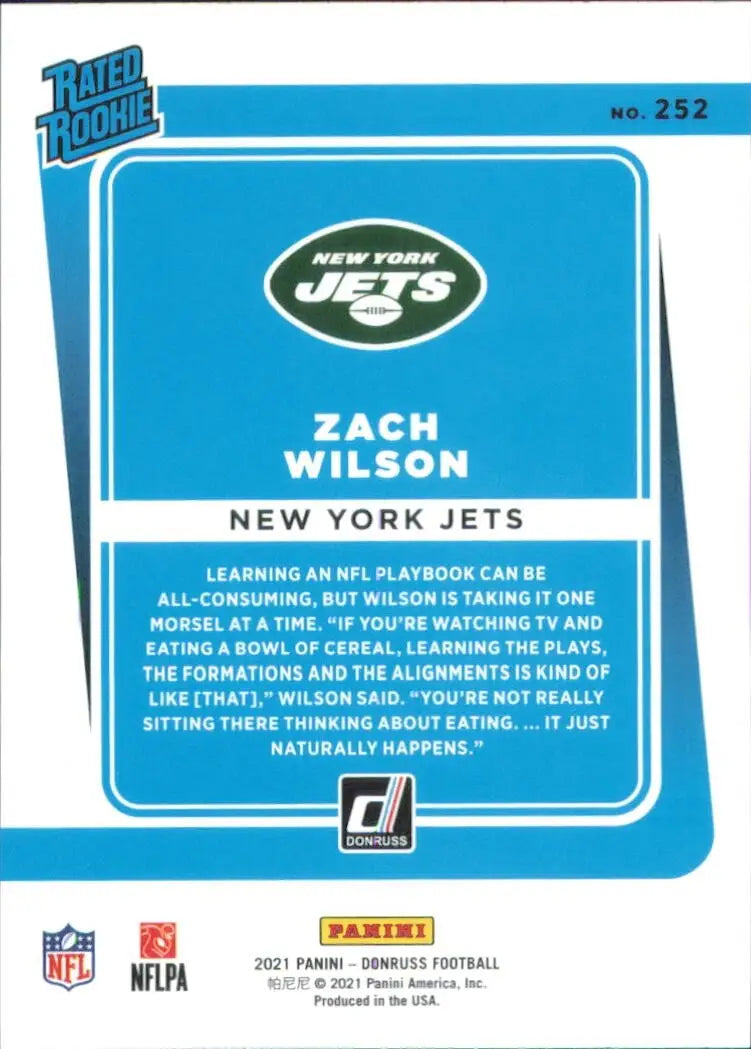 2021 Panini Donruss Rated Rookie #252 Zach Wilson New York Jets Football Card - Football Card Single