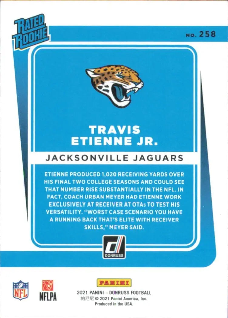 2021 Panini Donruss Rated Rookie #258 Travis Etienne Jacksonville Jaguars Card - Football Card Single