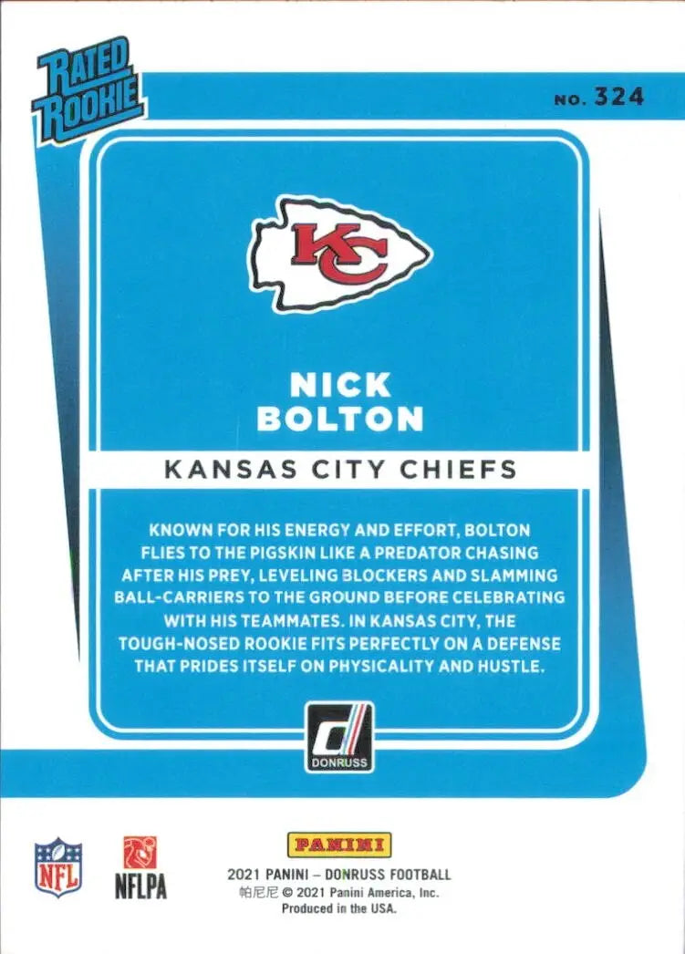 2021 Panini Donruss Rated Rookie #324 Nick Bolton Kansas City Chiefs Football - Football Card Single