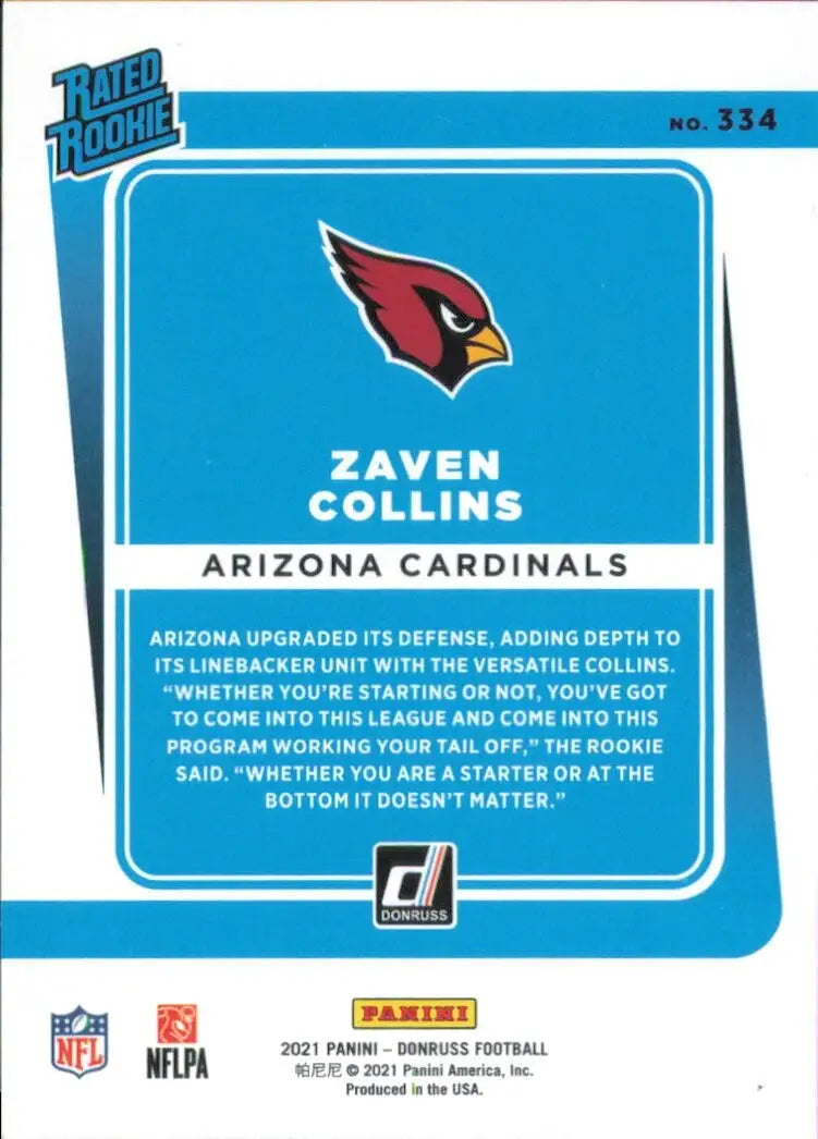 2021 Panini Donruss Rated Rookie #334 Zaven Collins Arizona Cardinals Football