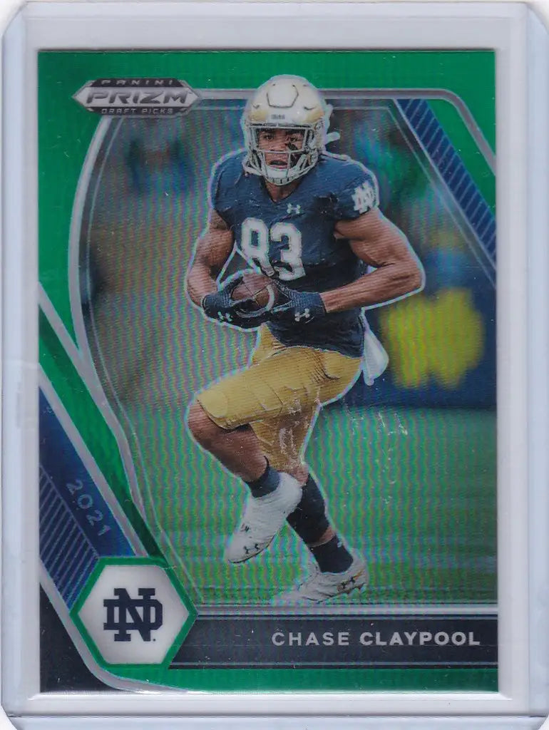 Football trading card of Notre Dame player Chase Claypool in Panini Green Prizm design