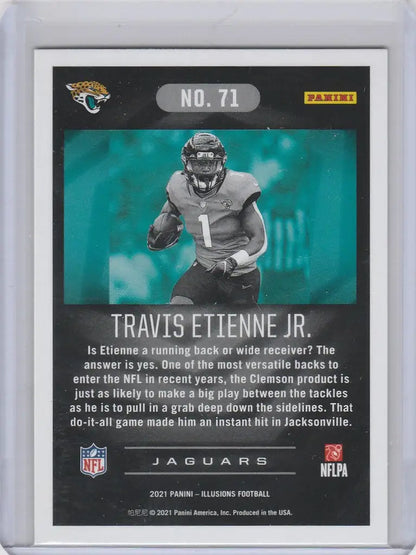 Football trading card of Travis Etienne Jr. from Panini Illusions featuring Jacksonville Jaguars