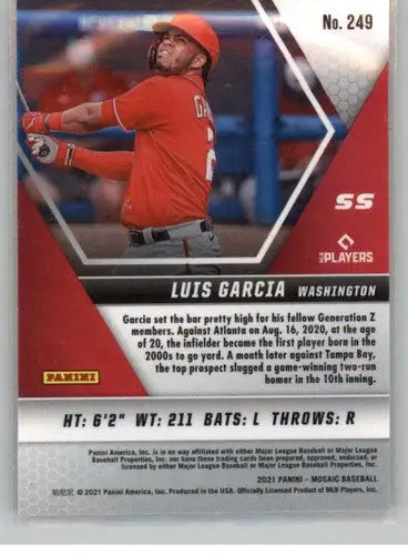 Baseball card featuring Luis V Garcia from 2021 Panini Mosaic Nationals Rookie Collection
