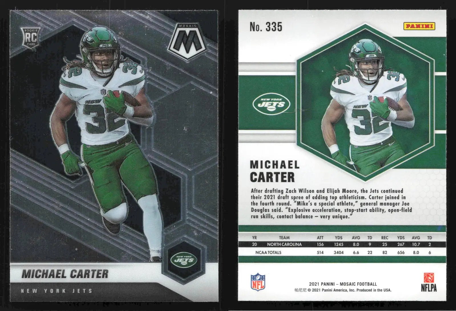 2021 Panini Mosaic MICHAEL CARTER #335 New York Jets RC - Football Card Single
