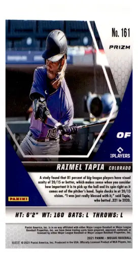 2021 Panini Mosaic Pink Camo Raimel Tapia baseball card with original gloss and mosaic pink design