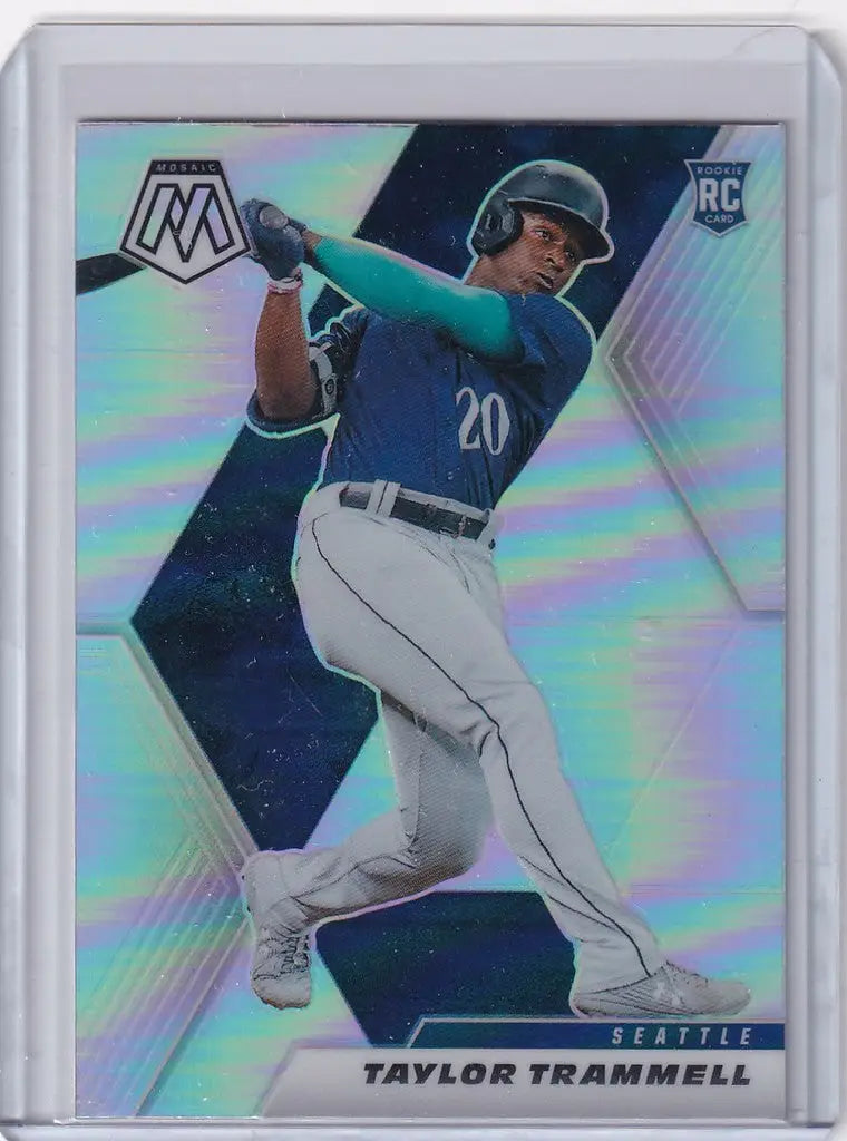 Baseball trading card of Taylor Trammel in blue uniform for Panini Mosaic Prizm