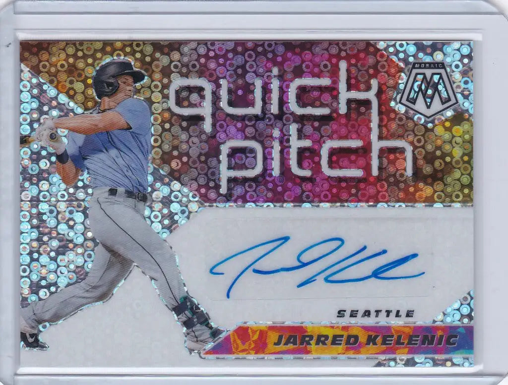 Baseball trading card of Jarred Kelenic swinging bat, featuring Kelenic Silver Disco Auto