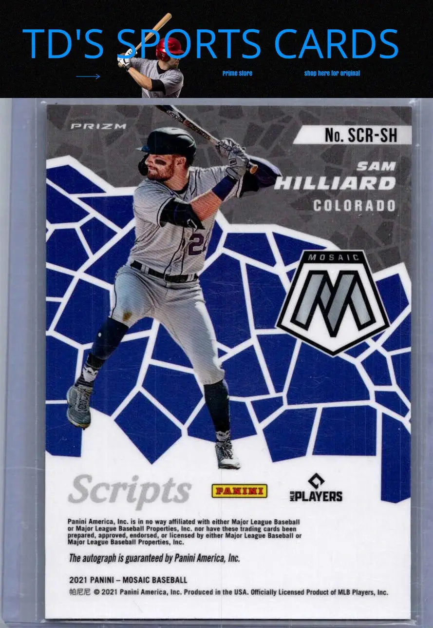 Sam Hilliard baseball card from 2021 Panini Mosaic Sam Hilliard Scripts collection