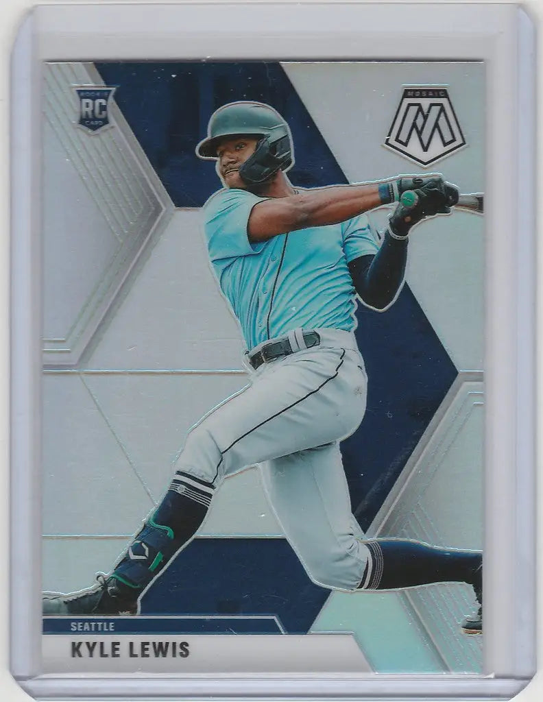Baseball trading card of Kyle Lewis Seattle Mariners in teal uniform mid-swing