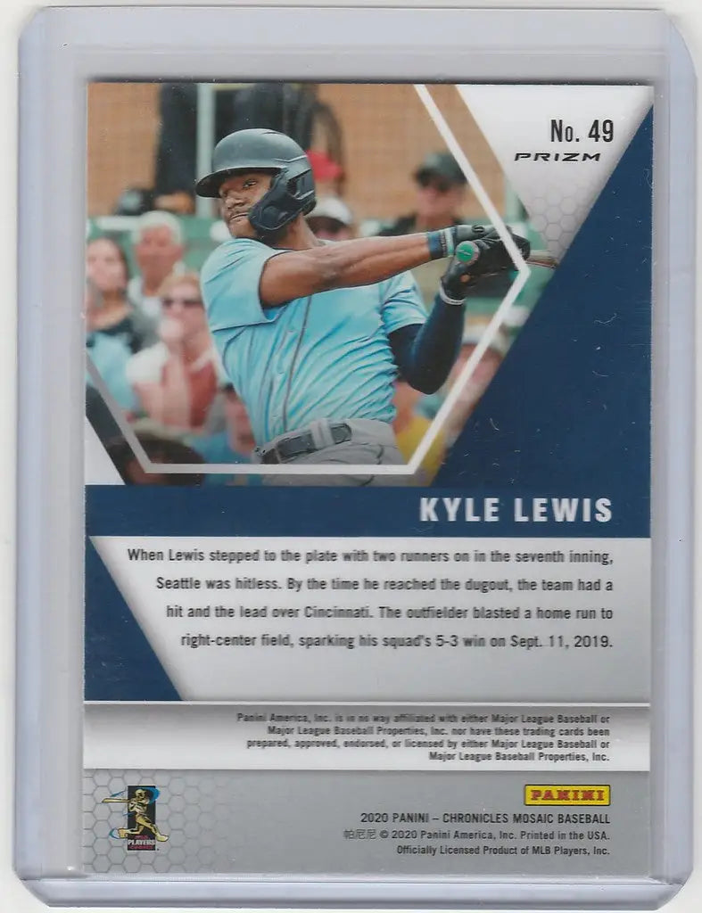 Baseball trading card of Kyle Lewis Seattle Mariners in light blue uniform swinging bat