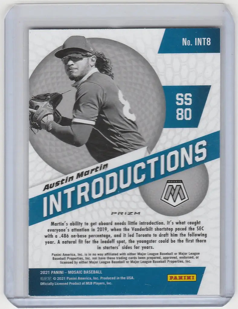 Baseball trading card of Austin Martin Toronto in pitching stance, Panini Mosaic Silver