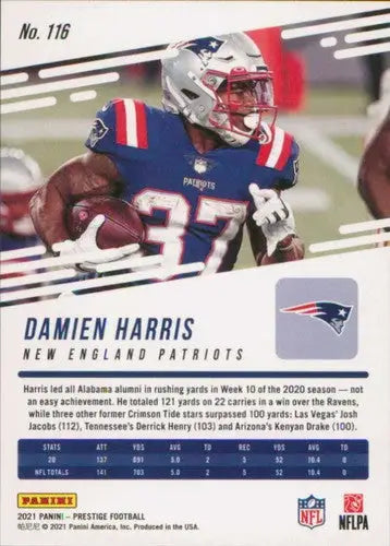Football trading card featuring Damien Harris from 2021 Panini Prestige sports cards collection