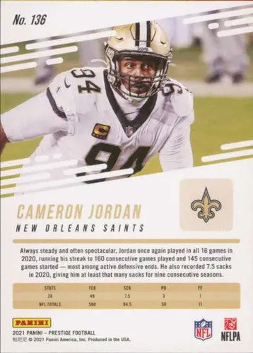 Original gloss 2021 Panini Prestige Cameron Jordan Saints football sports card