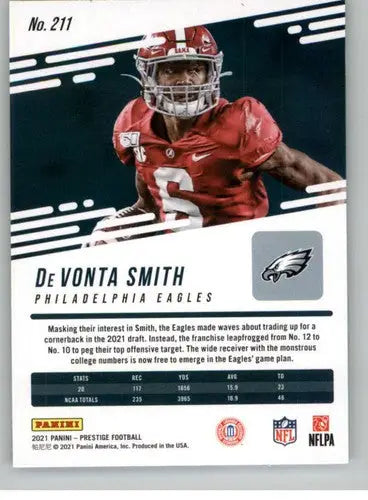 DeVonta Smith football card from Panini Prestige 2021 with original gloss and simply sandoval ID