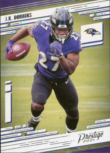Original gloss J.K. Dobbins football card from 2021 Panini Prestige Ravens series