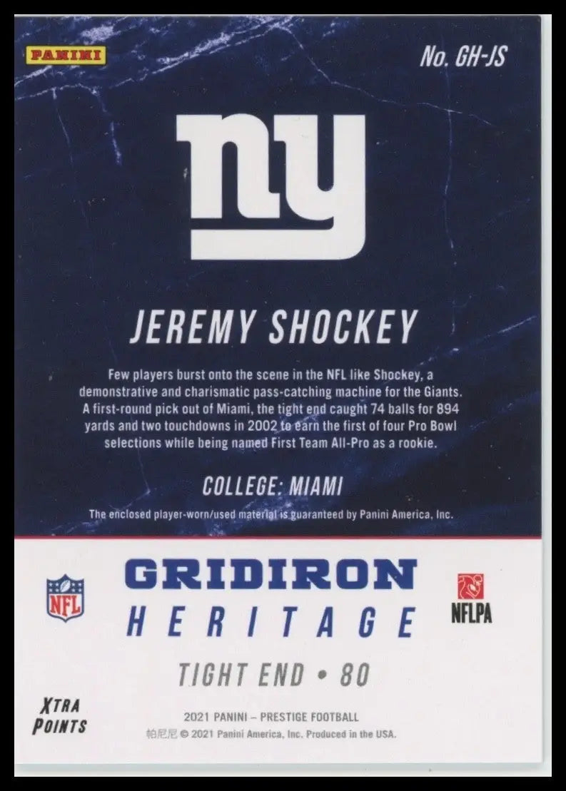 2021 Panini Prestige Gridiron Heritage Red Jeremy Shockey #GH-JS New York Giants