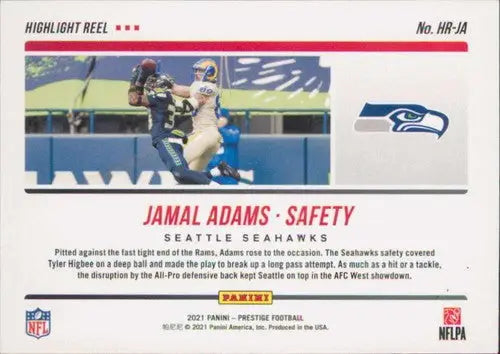 Football trading card featuring Jamal Adams from 2021 Panini Prestige Highlight Reel