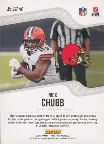 Football card featuring Nick Chubb from 2021 Panini Prestige Power collection
