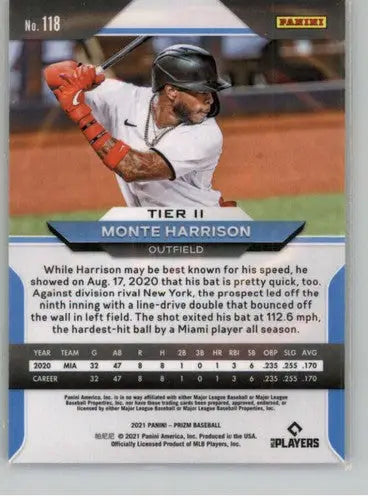 Back of a Monte Harrison Panini Prizm baseball card with original gloss in Marlins team