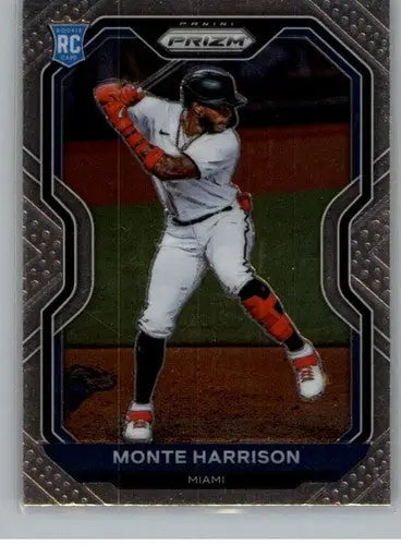 2021 Panini Prizm Monte Harrison baseball trading card with original gloss in batting stance
