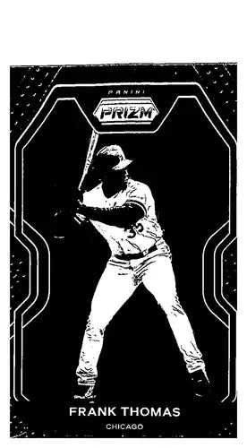 Black and white Panini Prizm baseball card of Frank Thomas with original gloss