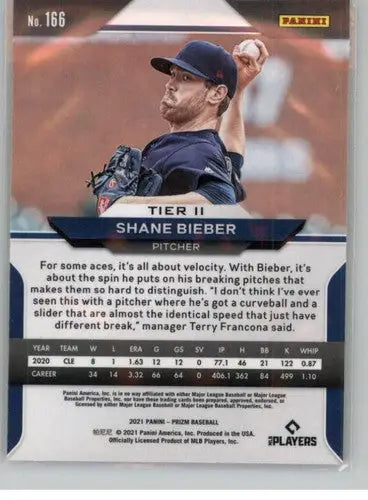 Original gloss Panini Prizm Shane Bieber baseball card from 2021 Indians collection