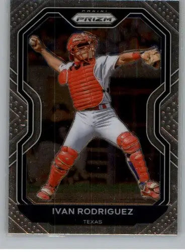 Original gloss baseball trading card of Ivan Rodriguez from Panini Prizm 2021 Rangers
