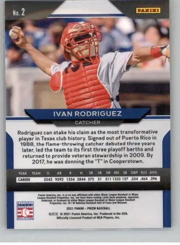 Back of a baseball trading card featuring Ivan Rodriguez from Panini Prizm 2021