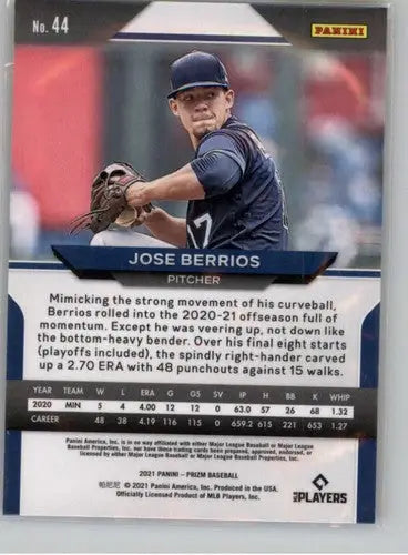 Original gloss Panini Prizm Jose Berrios trading card with career stats back view