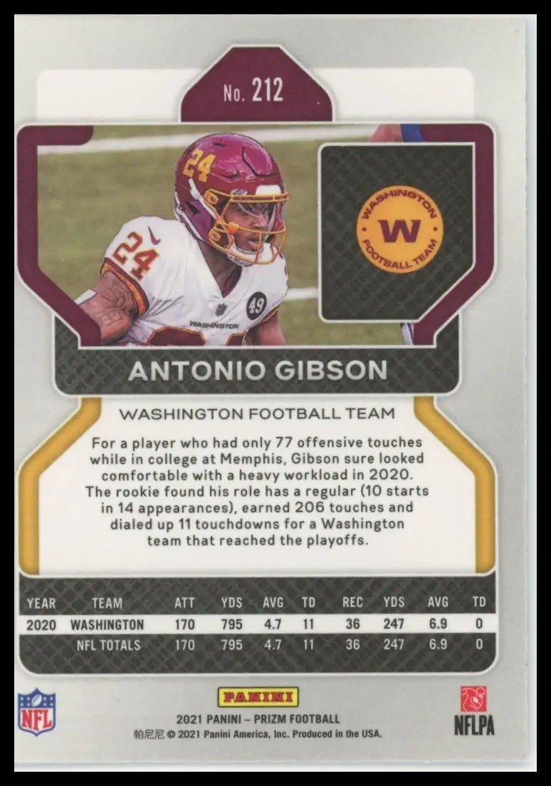 2021 Panini Prizm Antonio Gibson 212 Washington Football Team NM - Football Card Single