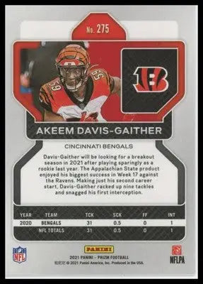2021 Panini Prizm Base Akeem Davis-Gaither Cincinnati Bengals 275 - Football Card Single