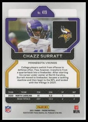 2021 Panini Prizm Base Chazz Surratt RC Minnesota Vikings 419 - Football Card Single