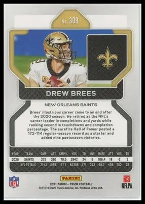 2021 Panini Prizm Base Drew Brees New Orleans Saints 309 - Football Card Single