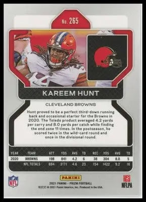 2021 Panini Prizm Base Kareem Hunt Cleveland Browns 265 - Football Card Single