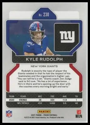 2021 Panini Prizm Base Kyle Rudolph New York Giants 230 - Football Card Single