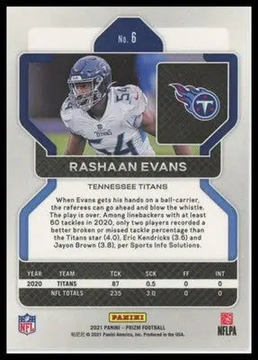 2021 Panini Prizm Base Rashaan Evans Tennessee Titans 6 - Football Card Single
