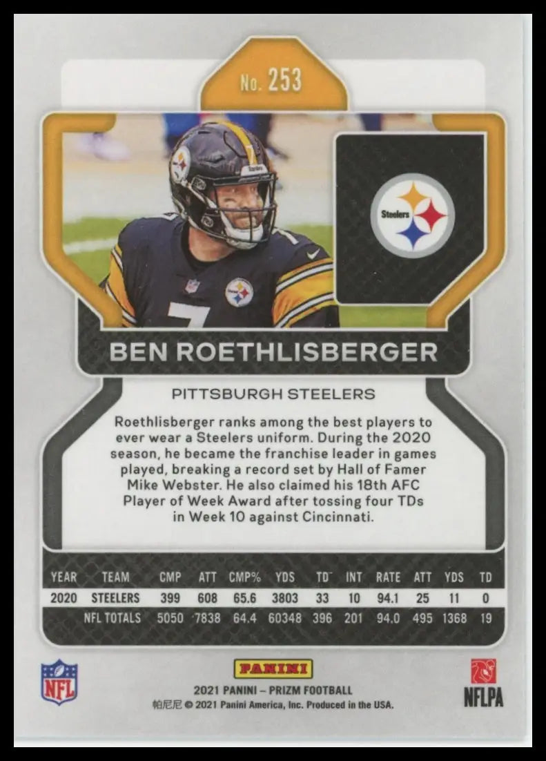 2021 Panini Prizm Ben Roethlisberger 253 Pittsburgh Steelers NM - Football Card Single