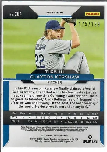 2021 Panini Prizm Blue Mojo Prizm #204 Clayton Kershaw NM-MT /199 Dodge ID:47447 - Baseball Card Single