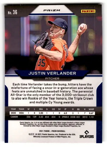 Justin Verlander baseball card from 2021 Panini Prizm Carolina Blue Prizm series